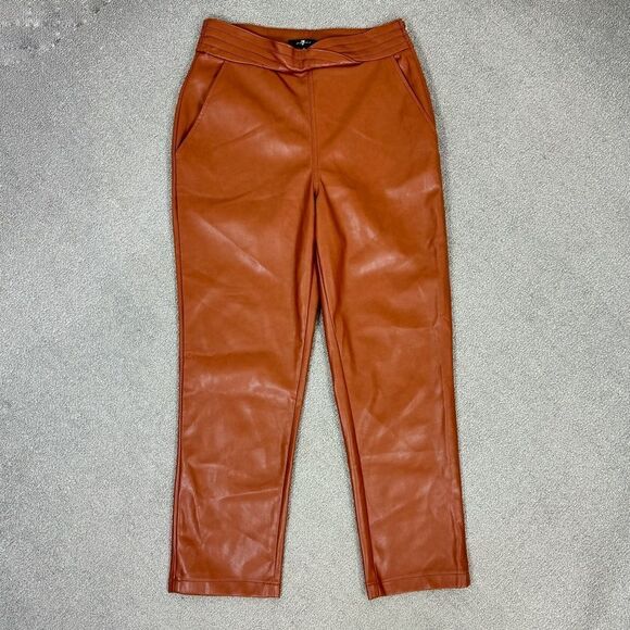 7 For All Mankind Crossover Waist Faux Leather Crop Pants Chestnut Brown Medium - Picture 3 of 11